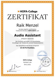 Audio Assistant Zertifikat von Raik Menzel